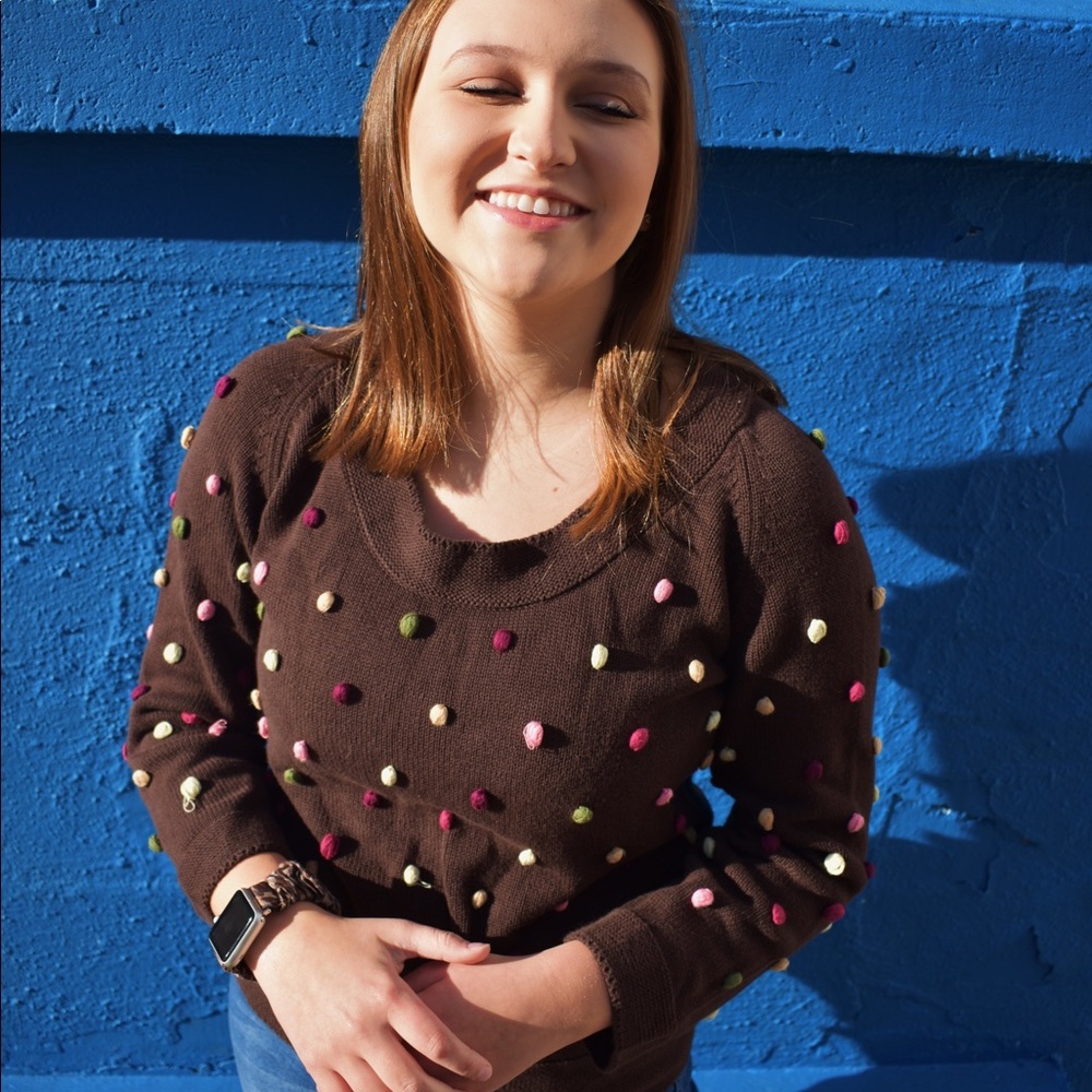 medium brown sweater with thread polkadots